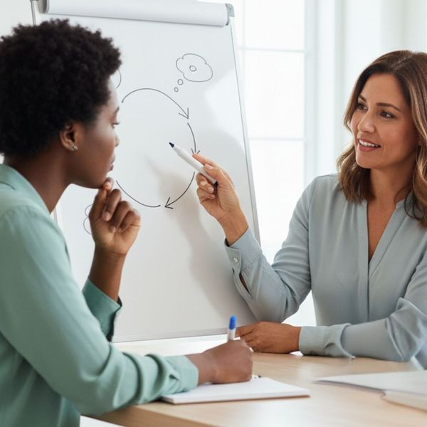 A diverse group of three professionals engaging in a discussion around a whiteboard diagram in a brightly lit office setting. A diverse group of three professionals engaging in a discussion around a whiteboard diagram in a brightly lit office setting.