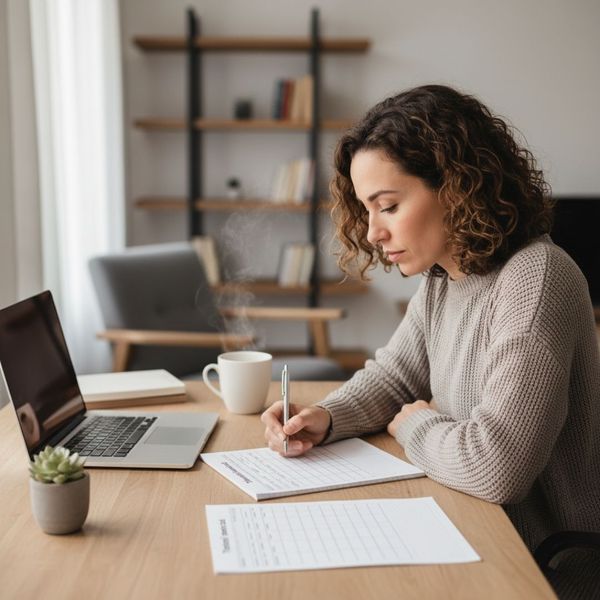 A focused woman with curly hair sits at a desk, writing on a document with a pen, next to a steaming cup and a laptop. A focused woman with curly hair sits at a desk, writing on a document with a pen, next to a steaming cup and a laptop.