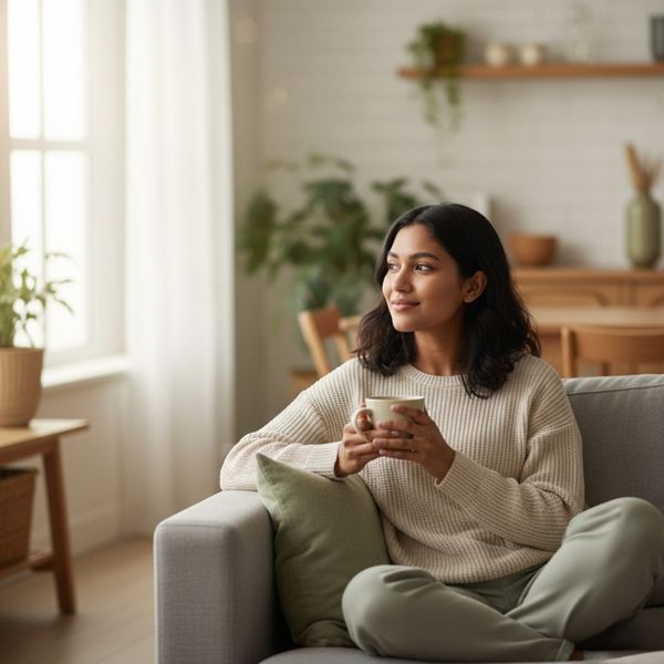 A serene woman relaxes on a sofa, holding a cup and looking thoughtfully out a bright window. A serene woman relaxes on a sofa, holding a cup and looking thoughtfully out a bright window.