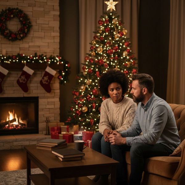 A diverse couple sits on a couch in a warmly lit living room, engaged in a serious discussion near a decorated Christmas tree. holiday3.jpg