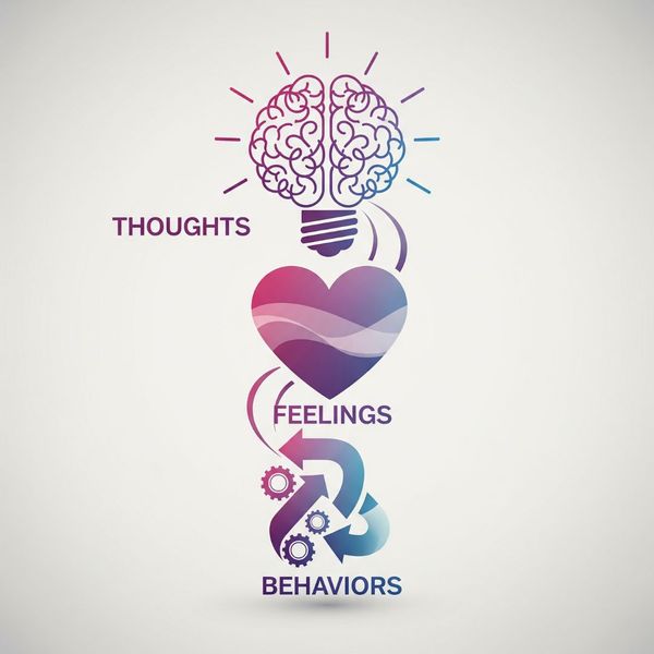 A conceptual illustration showing three interlocking symbols for thoughts, feelings, and behaviors. A conceptual illustration showing three interlocking symbols for thoughts, feelings, and behaviors.