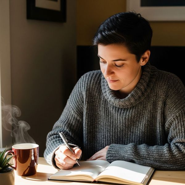 A person thoughtfully writing in a journal at a clean desk with a warm cup of coffee nearby. A person thoughtfully writing in a journal at a clean desk with a warm cup of coffee nearby.