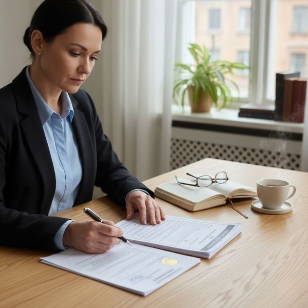 A serious woman reviews professional licensing documents on a clean wooden desk. licensed4.jpg