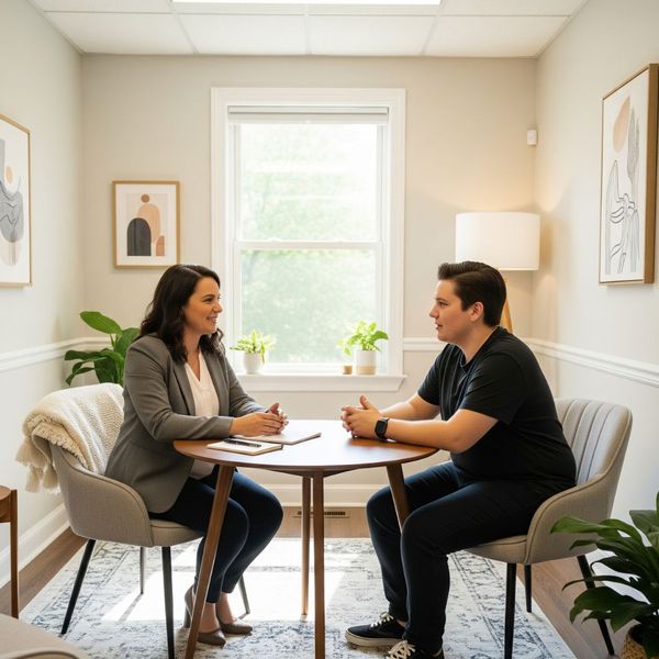 A licensed professional counselor is having a one-on-one conversation with a client in a bright and comfortable office. A licensed professional counselor is having a one-on-one conversation with a client in a bright and comfortable office.