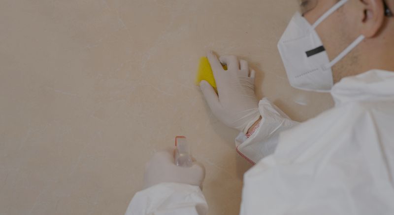 Man scrubbing moldy ceiling