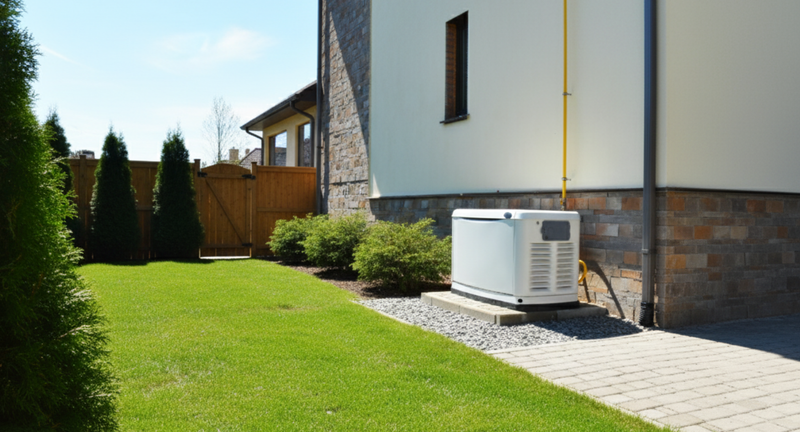 A white, outdoor standby home generator resting on a gravel base next to the corner of a house with a stone and stucco exterior, bordered by green lawn, bushes, and a wooden fence.