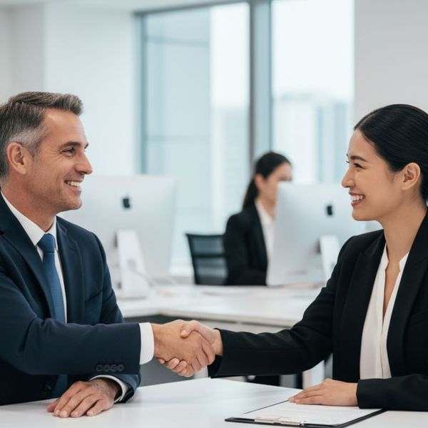 a customer service representative shaking hands with a customer