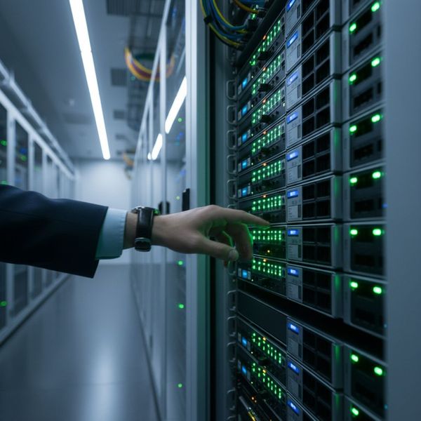 server racks in a data center, with green indicator lights glowing