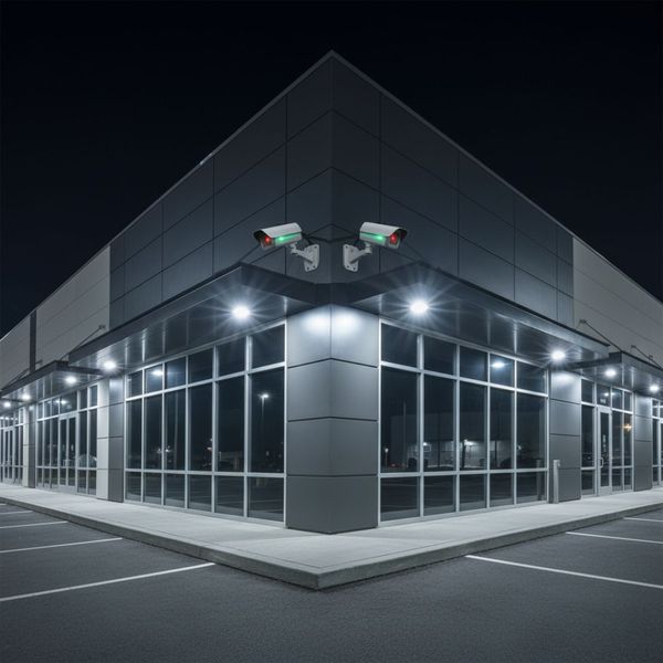 a commercial building exterior at night, with multiple security cameras clearly visible under the eaves