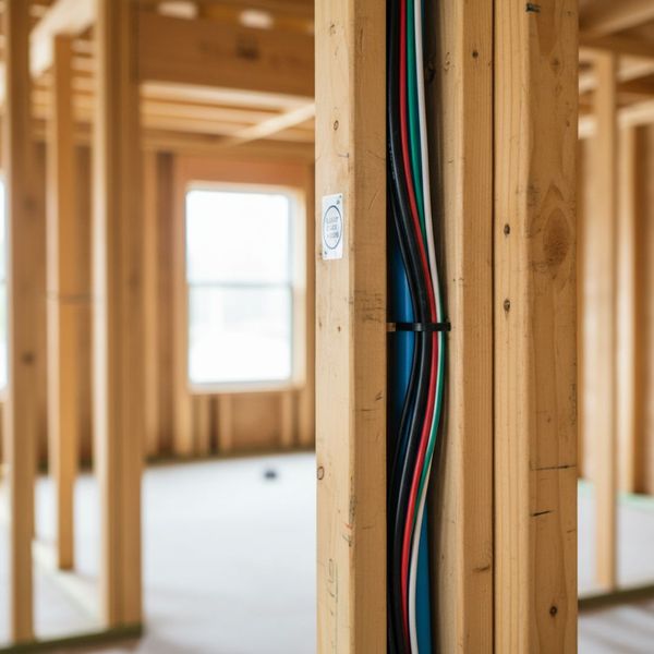 neatly bundled and color-coded electrical wires running through a conduit within a new home's wall studs