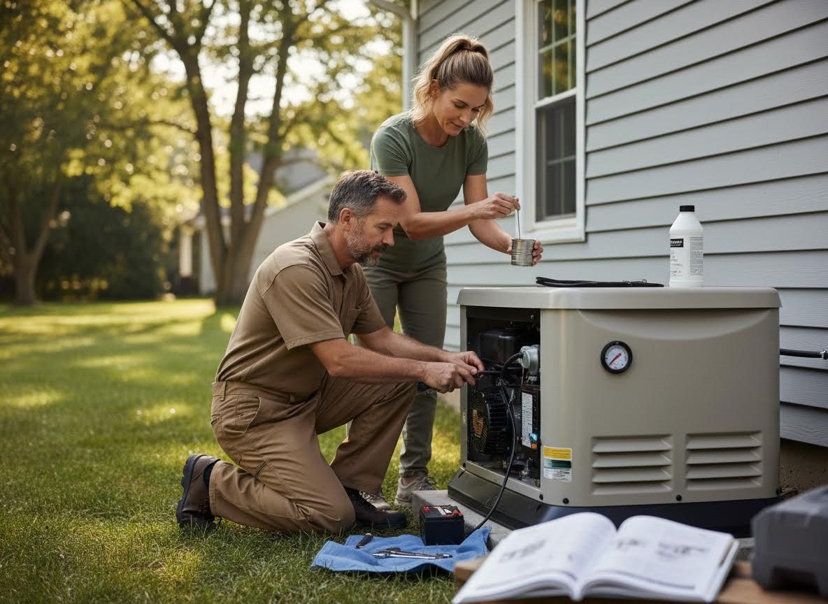 Couple maintaining a home generator