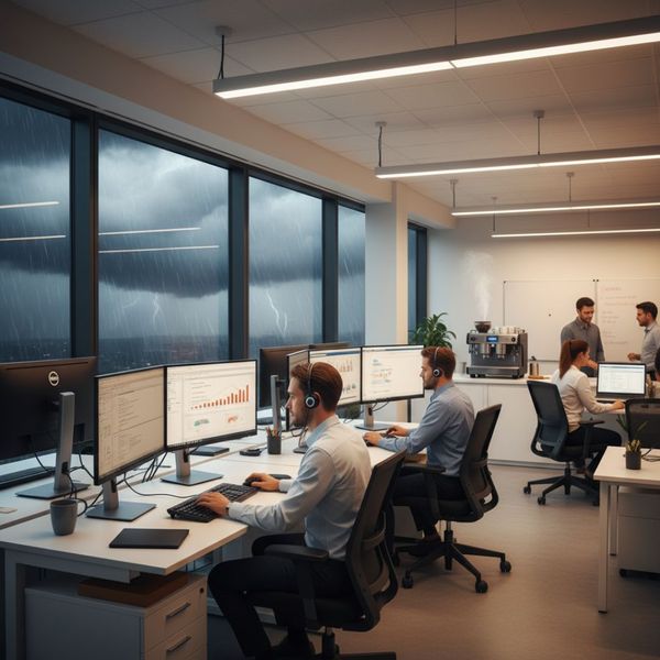 busy, brightly lit office interior with employees working at computers, a coffee machine brewing, and phones in use, contrasted with a stormy window view showing heavy rain outside