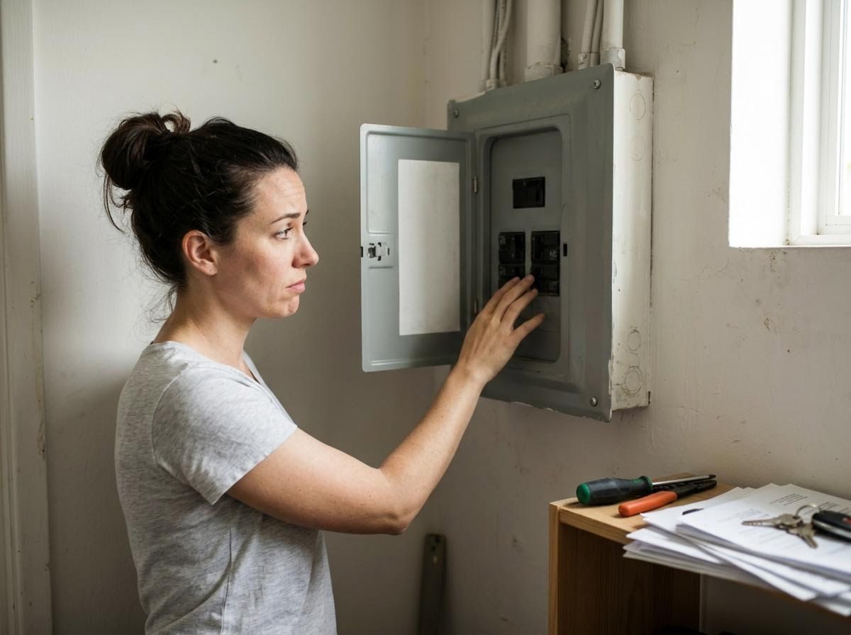 Woman checking circuit breaker