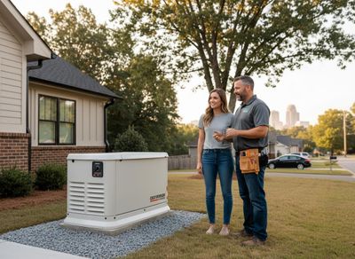 Technician discussing a home standby generator with a homeowner