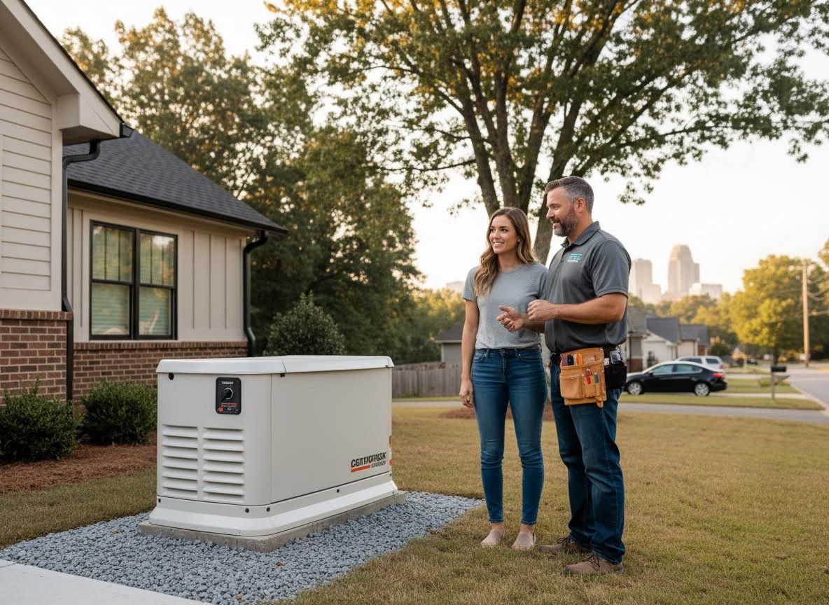 Technician discussing a home standby generator with a homeowner