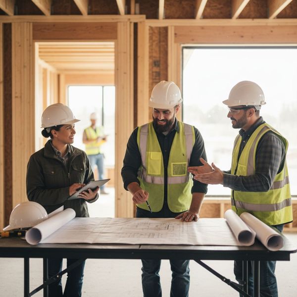 a group of construction professionals, including an electrician in a hard hat and safety vest, a general contractor, and an architect, are gathered around blueprints on a table at a brightly lit construction site