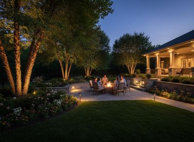 A family sits around a fire pit on a patio at dusk, surrounded by beautifully illuminated trees and landscape lighting. A house is nearby. Evening gathering on an illuminated backyard patio with fire pit and landscape lighting