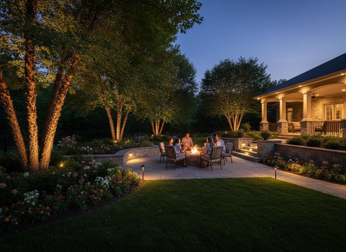 Evening gathering on an illuminated backyard patio with fire pit and landscape lighting