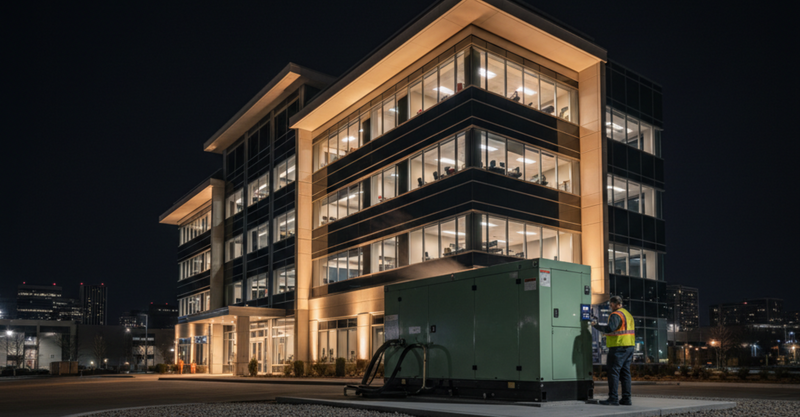 a modern commercial building with all its lights on, featuring a large, industrial generator unit prominently placed outside