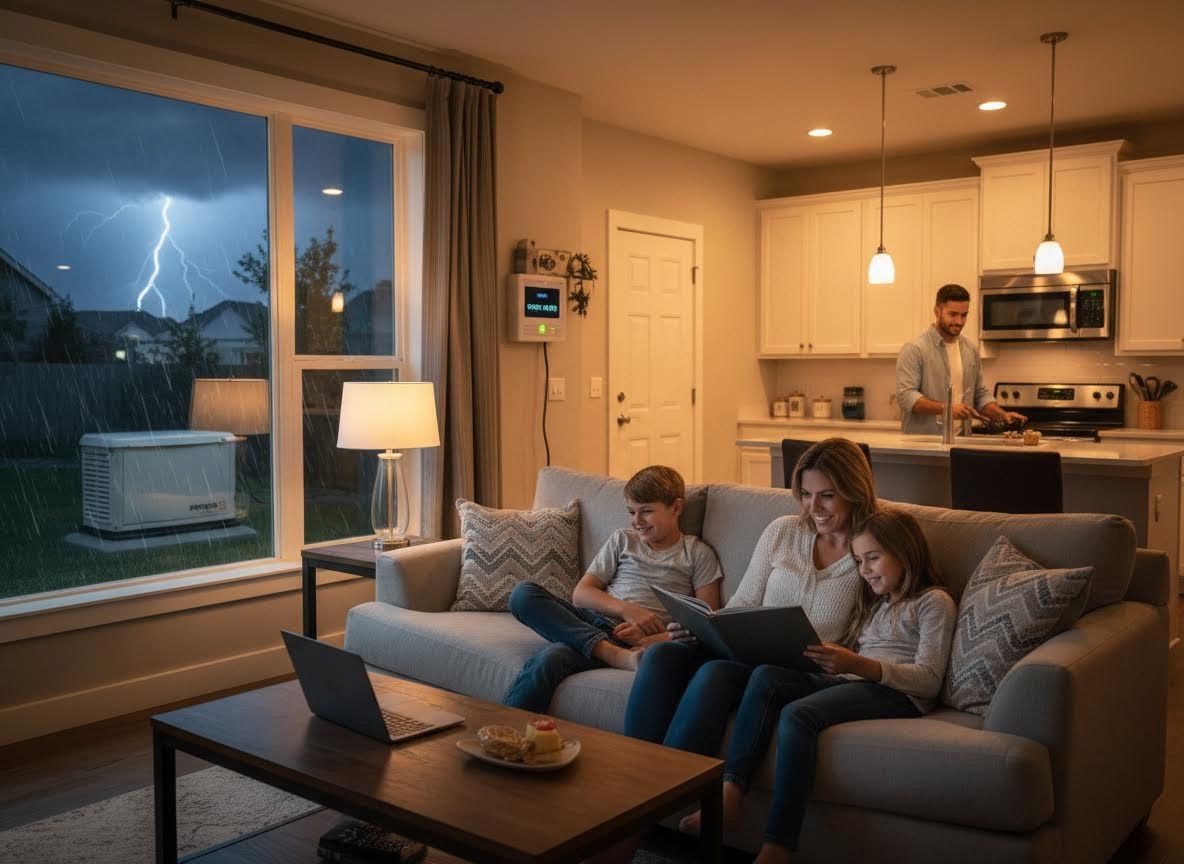 Family enjoying a warm, lit home during a storm with a generator