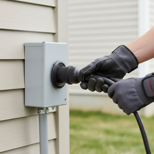 Close-up of a power cord being safely connected to an electrical transfer switch box.