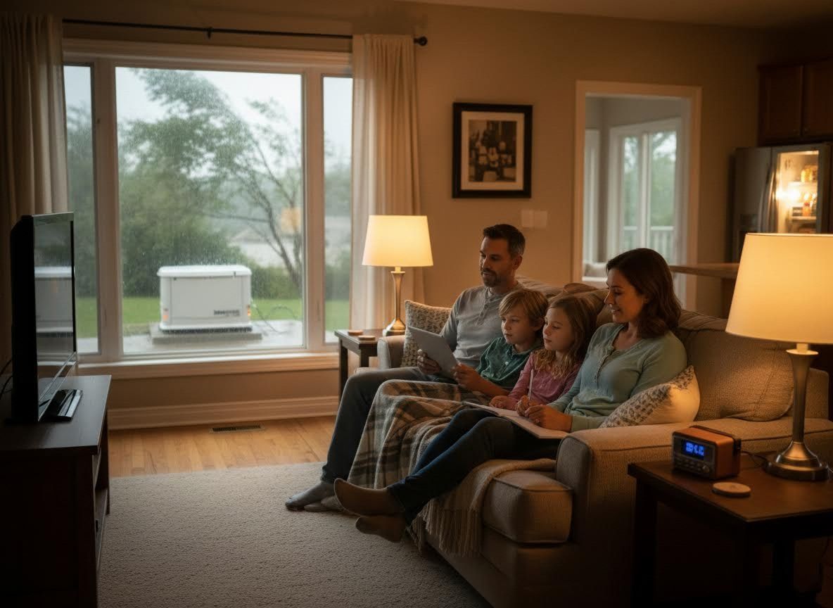 Family relaxing indoors during a storm with a home generator