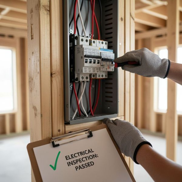 an electrical panel being installed in a new home's framework