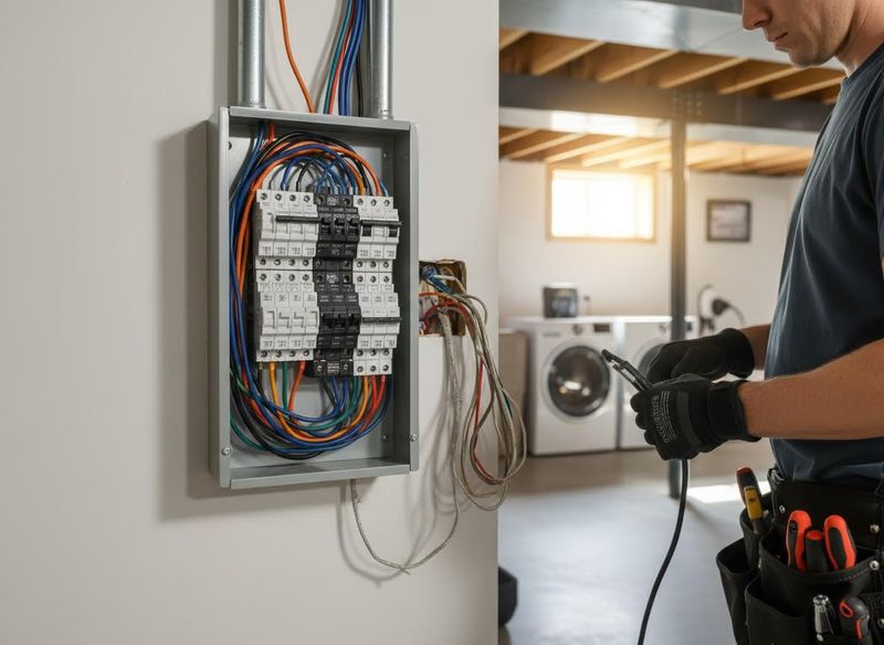 A professional electrician wearing gloves works on connecting colorful wires to circuit breakers in an open electrical panel in a basement. Electrician Wiring Circuit Breaker Panel