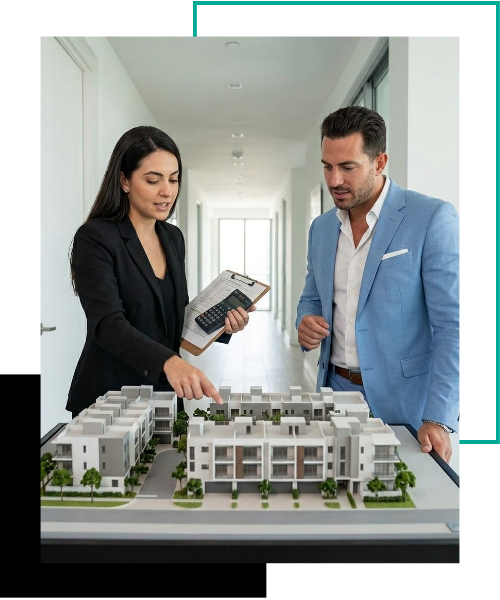 A medium shot capturing a female accountant and a male real estate developer standing beside a physical, architectural model of a modern multi-unit residential building in a well-lit office. 