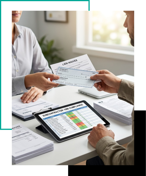 A construction accountant manages subcontractor payments and 1099 compliance, exchanging a check and lien waiver with a contractor in a Florida office