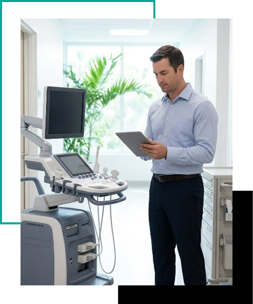 A medical practice administrator in a clean Florida clinic reviews an expense report on a tablet near complex medical equipment, illustrating precise overhead and expense tracking.