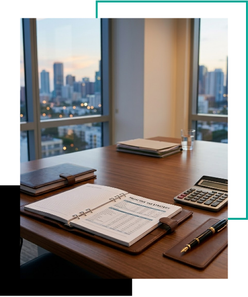 A close-up view of two professional financial planning binders (one open to 'PROACTIVE TAX STRATEGY') and an expensive fountain pen resting on a conference table at dusk, with the illuminated Miami skyline blurred in the background.