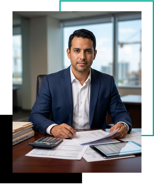 A portrait of a male construction accountant, specializing in audit and assurance, meticulously reviewing financial compliance documents in a modern Miami office.