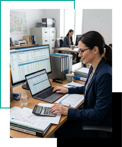 An accountant managing accurate bookkeeping for tracking security deposits, maintenance costs, and monthly rental cash flows for a real estate company.