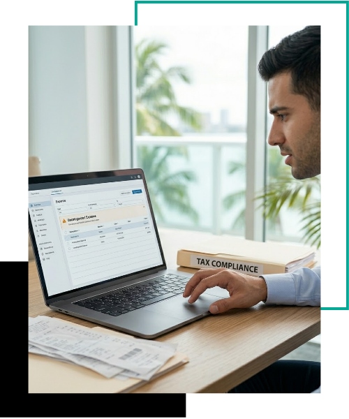 A concerned small business owner looking at an error warning on his laptop screen that reads 'Uncategorized Expense,' with a physical manila folder labeled 'TAX COMPLIANCE' on his desk.
