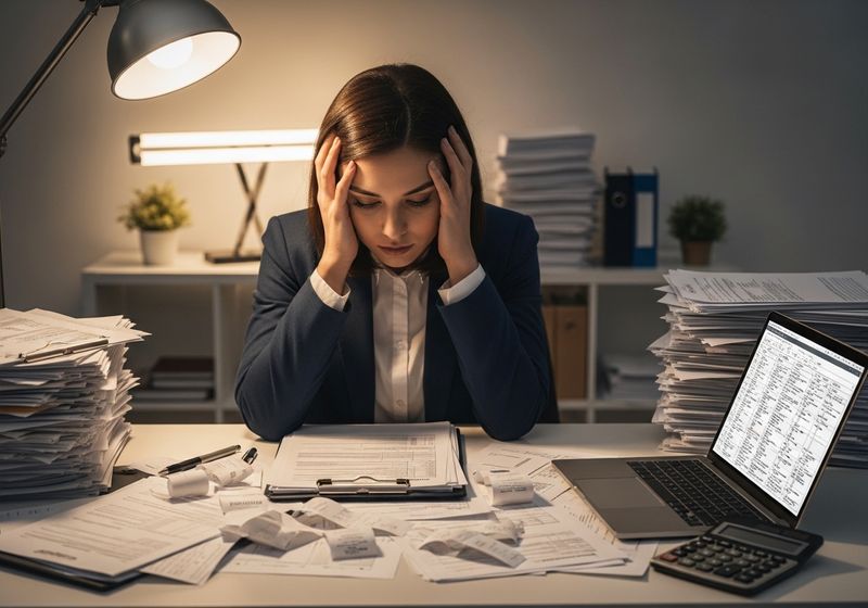 Stressed accountant at her desk
