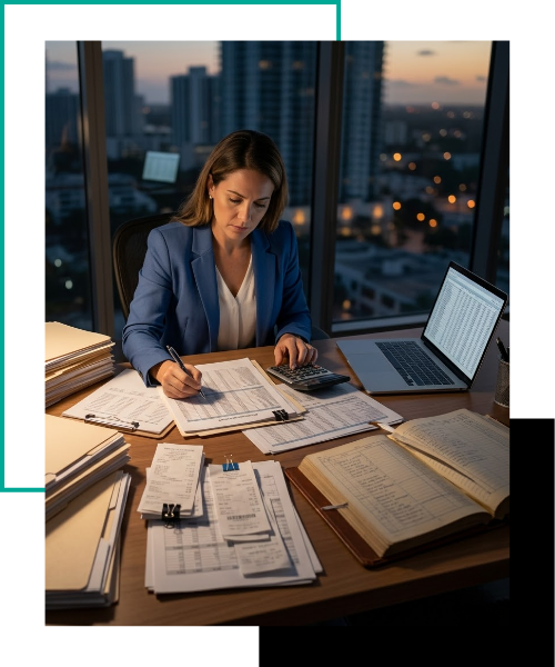 A candid photographic portrait of a focused female accountant working meticulously under warm lamp light to organize a complex desk filled with files and ledgers.