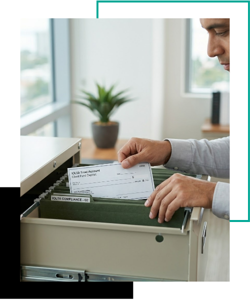 Accountant carefully files an IOLTA client fund deposit check in a compliant green folder, demonstrating strict trust account management.