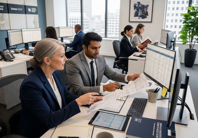 Team Collaborating on Financial Analysis in Modern Office