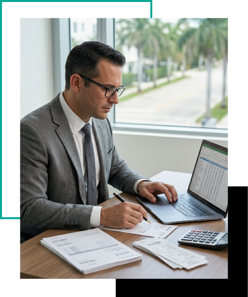An accountant diligently tracks billable client costs on a laptop spreadsheet, ensuring precision cost recovery for a law firm.