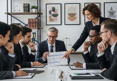 Diverse legal team reviews document in meeting