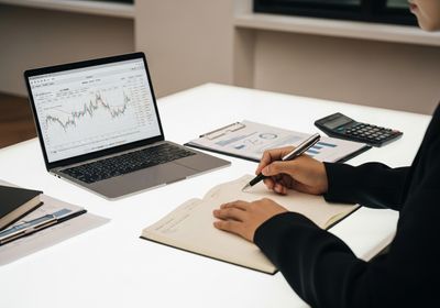 A financial analyst reviews stock charts on a laptop and takes notes in a notebook, with financial reports and a calculator nearby, in a well-lit office. Financial Analyst at Work