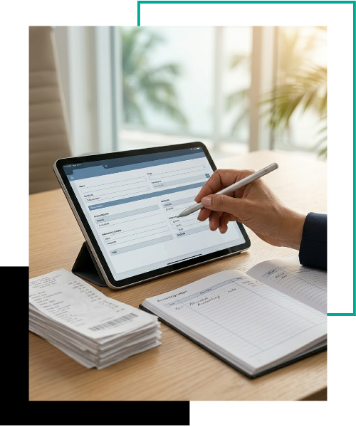 A close-up stock photo shows a professional CPA's hand using a stylus on a tablet screen to reconcile expenses. A neat stack of sorted receipts and a generic open ledger sit nearby on a bright desk.