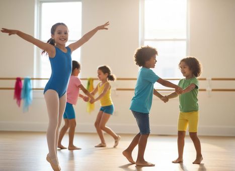 Happy children of various ages and ethnicities dance and play in a bright studio. One girl in a blue leotard is at the front, others hold hands. Kids dancing and playing in a sunny studio