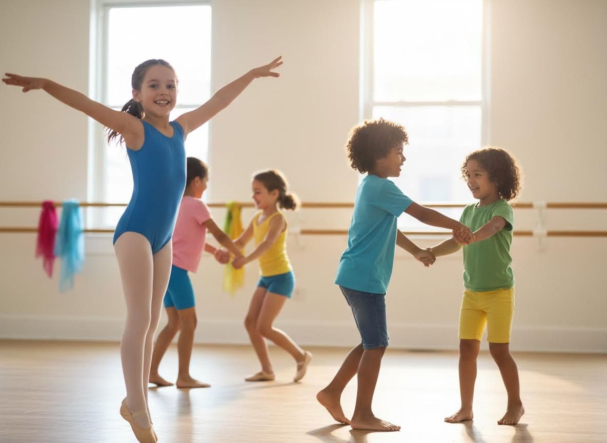 Kids dancing and playing in a sunny studio