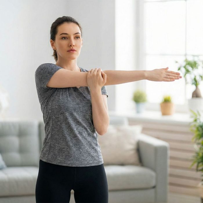 A young dancer doing a shoulder stretch to release tension and improve arm carriage for dance lessons.