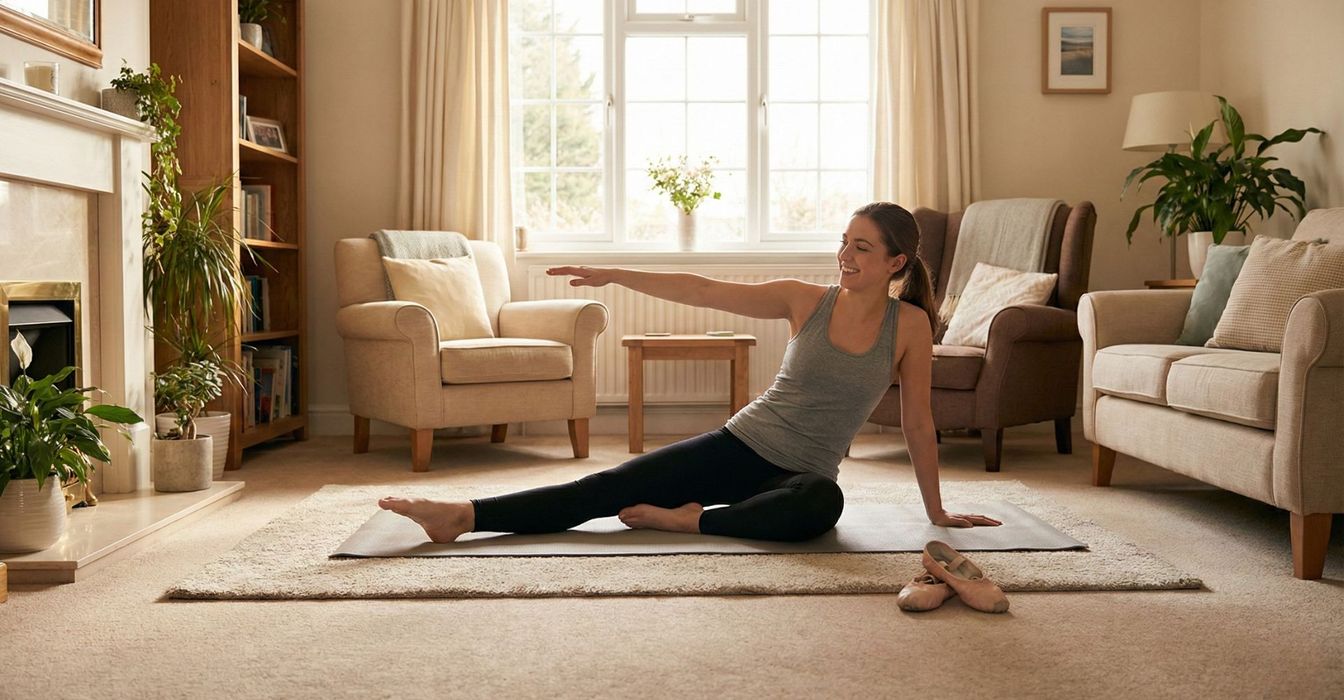 A happy young student practicing safe stretches on a yoga mat in a sunny living room to prepare for dance class.