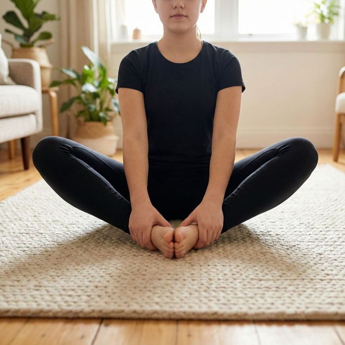 A dancer demonstrating the butterfly stretch at home to open hips and improve turnout for ballet.