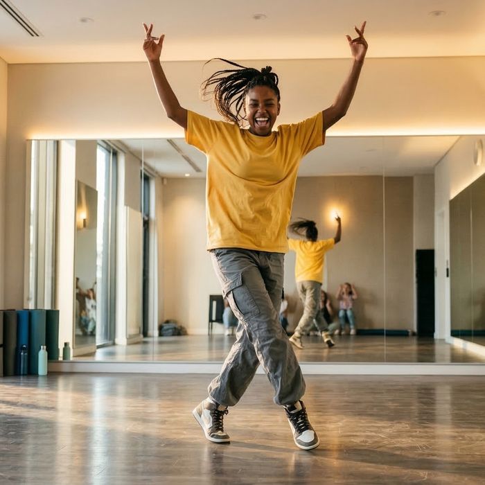 A joyful teenage dancer strikes a dynamic final pose after completing a routine in a brightly lit studio.