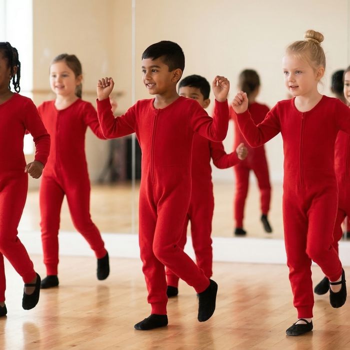 Children dancing closely together in an organized group